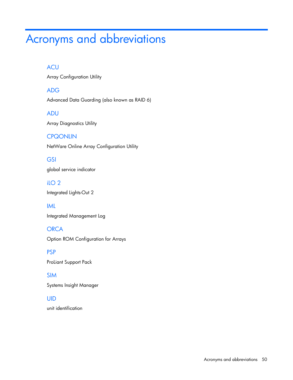 Acronyms and abbreviations | HP 600 Modular Disk System User Manual | Page 50 / 52