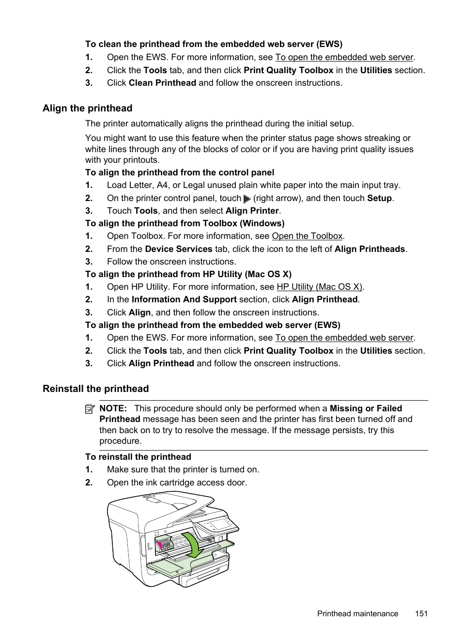 Align the printhead, Reinstall the printhead | HP Officejet Pro 8600 User Manual | Page 155 / 254