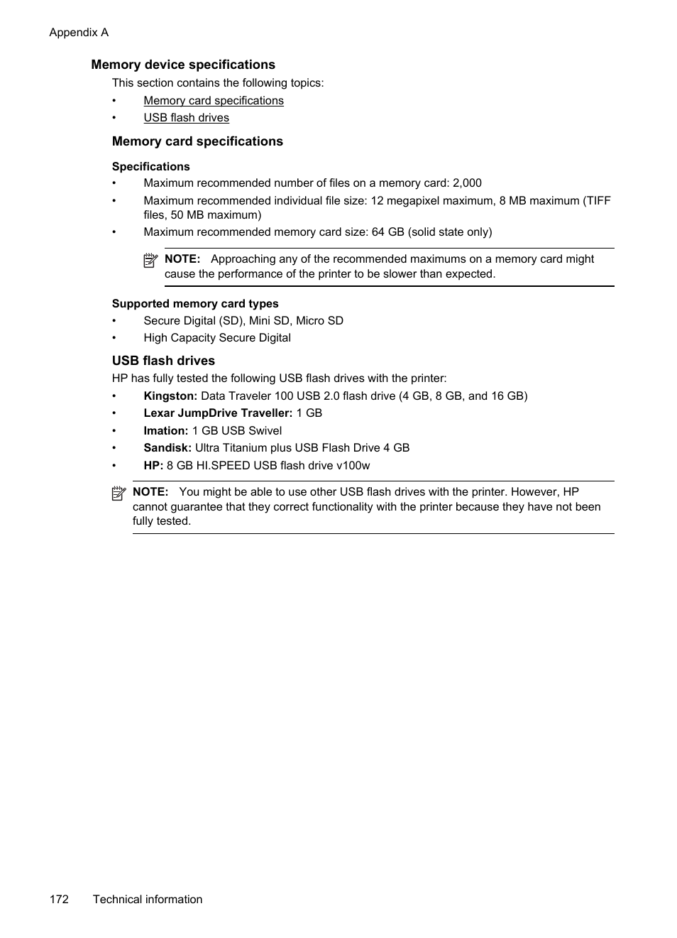 Memory device specifications, Memory card specifications, Usb flash drives | See memory card specifications, E memory device specifications | HP Officejet Pro 8600 User Manual | Page 176 / 254