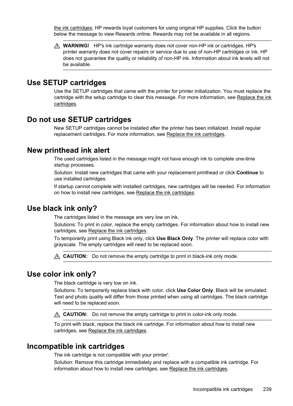 Use setup cartridges, Do not use setup cartridges, New printhead ink alert | Use black ink only, Use color ink only, Incompatible ink cartridges | HP Officejet Pro 8600 User Manual | Page 243 / 254