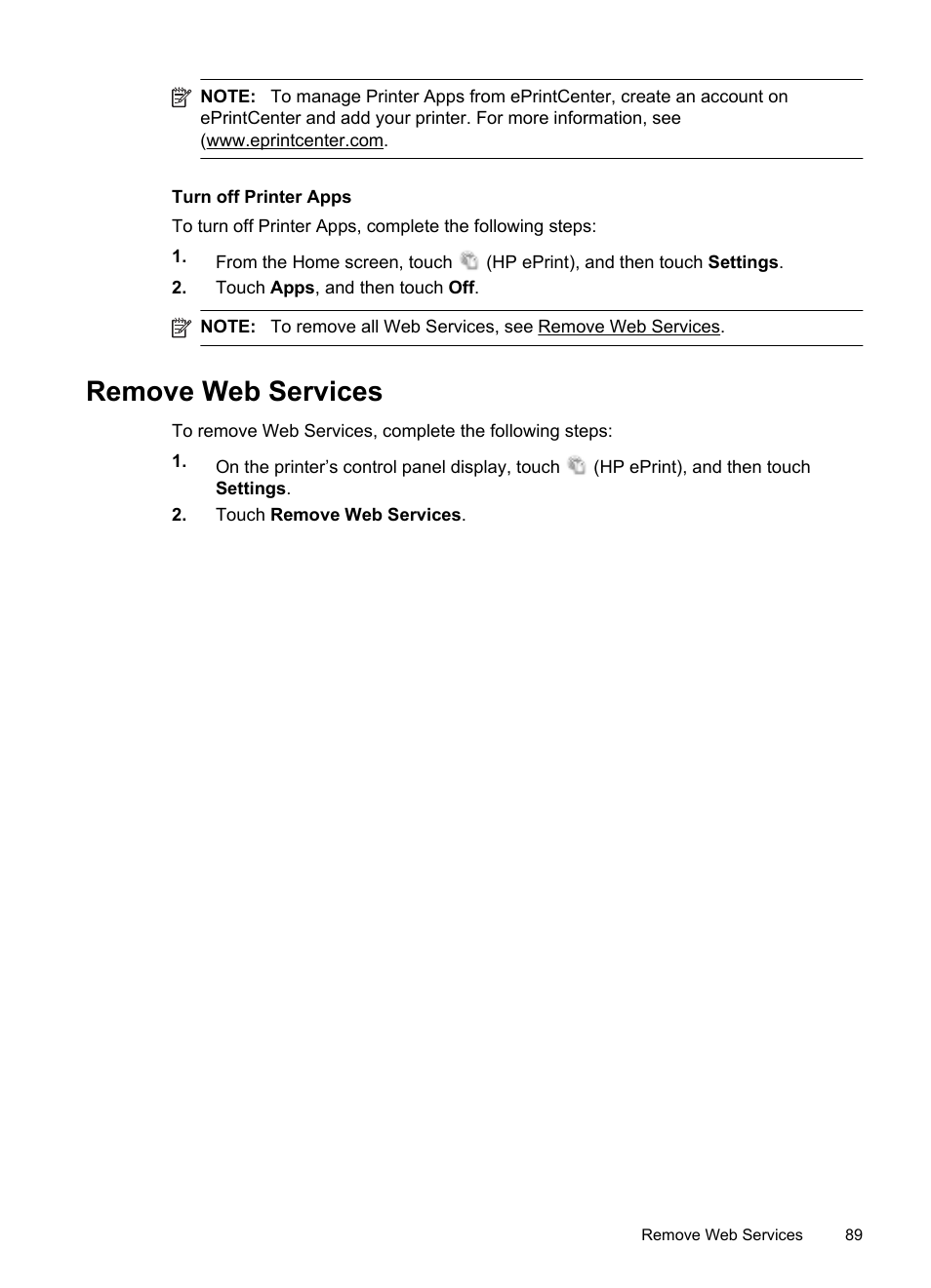 Turn off printer apps, Remove web services | HP Officejet Pro 8600 User Manual | Page 93 / 254