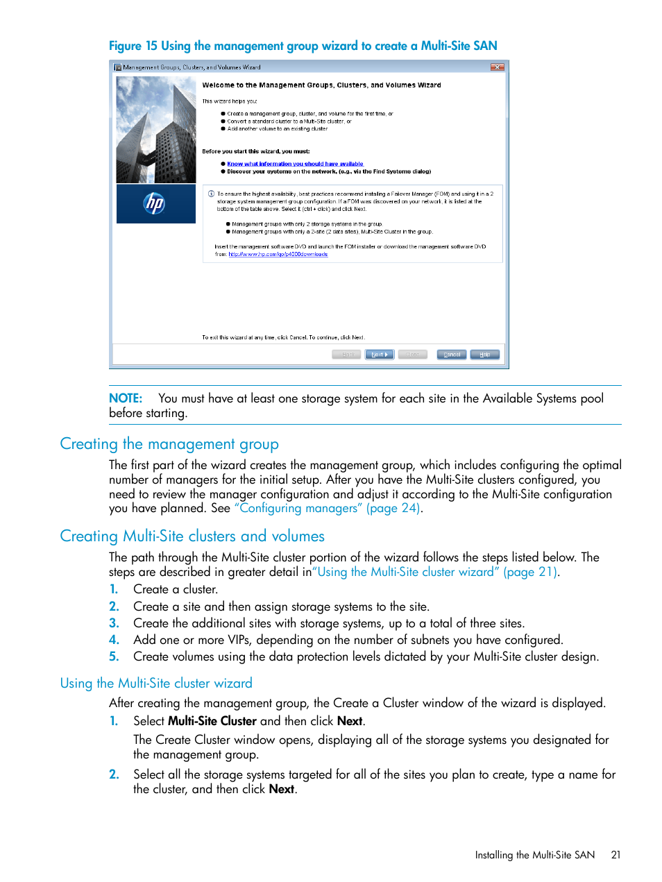 Creating the management group, Creating multi-site clusters and volumes, Using the multi-site cluster wizard | HP StoreVirtual 4000 Storage User Manual | Page 21 / 40