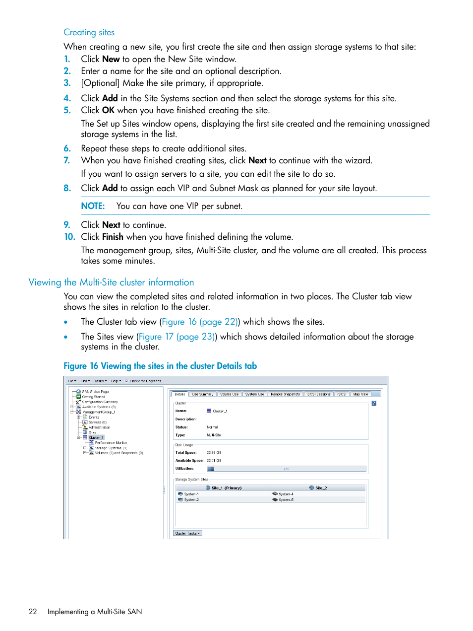 Creating sites, Viewing the multi-site cluster information | HP StoreVirtual 4000 Storage User Manual | Page 22 / 40