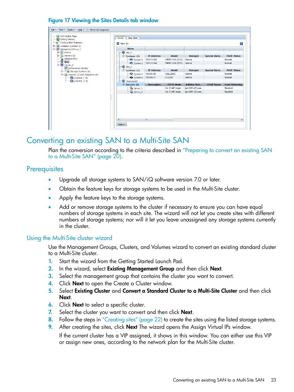 Converting an existing san to a multi-site san, Prerequisites, Using the multi-site cluster wizard | HP StoreVirtual 4000 Storage User Manual | Page 23 / 40