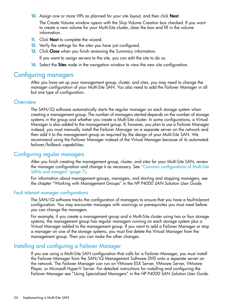 Configuring managers, Overview, Configuring regular managers | Fault tolerant manager configurations, Installing and configuring a failover manager | HP StoreVirtual 4000 Storage User Manual | Page 24 / 40