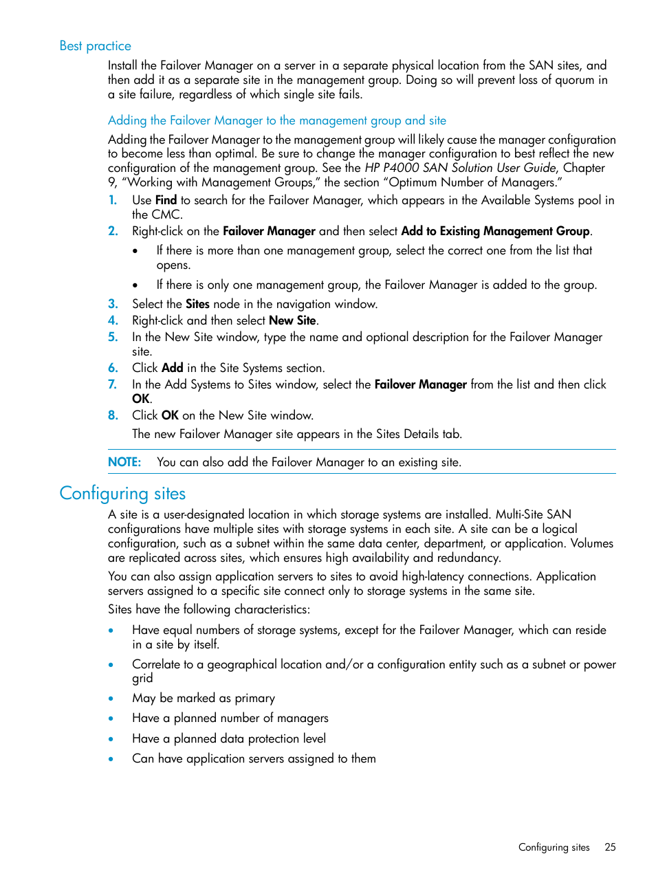 Best practice, Configuring sites | HP StoreVirtual 4000 Storage User Manual | Page 25 / 40