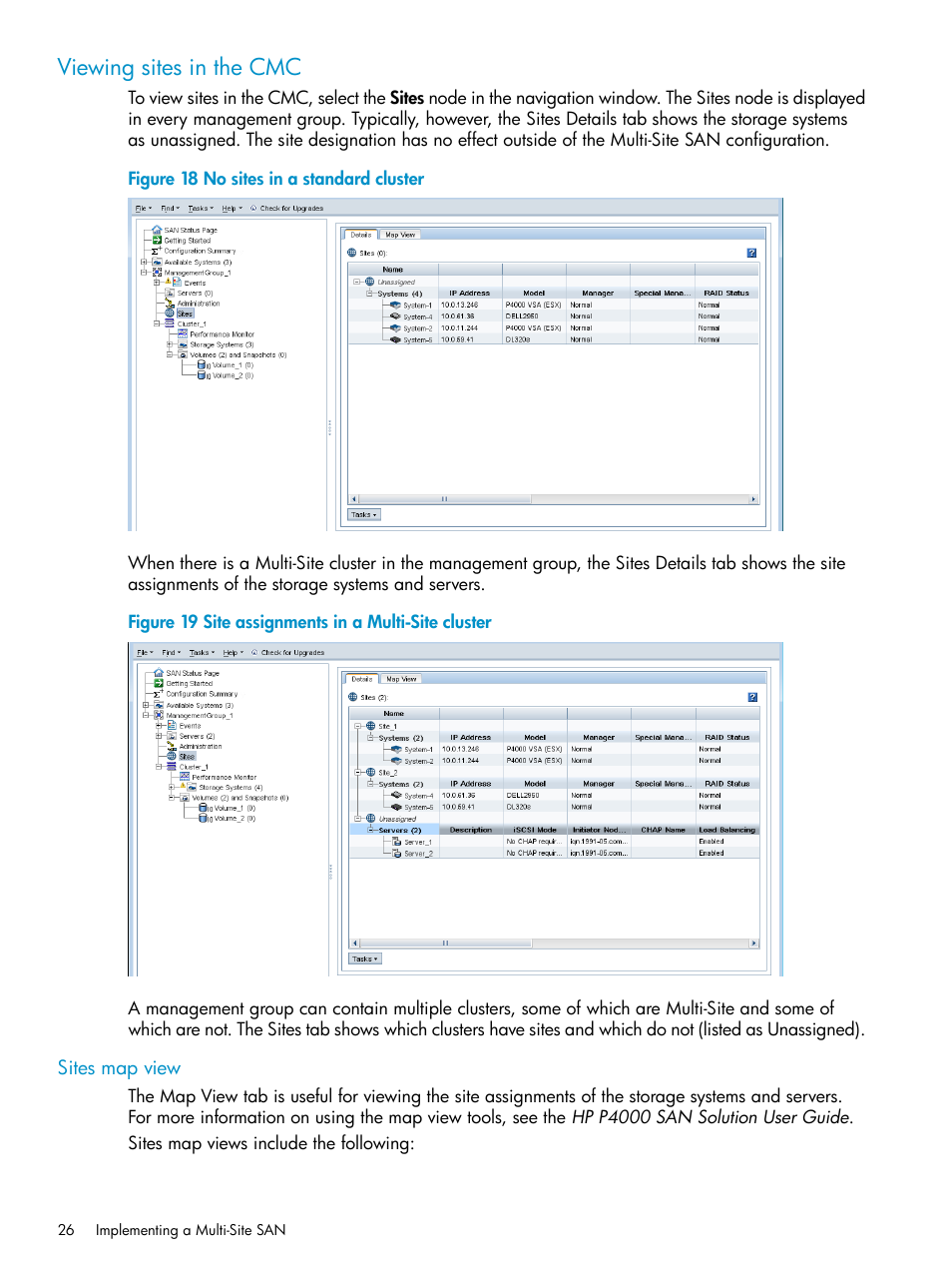 Viewing sites in the cmc, Sites map view | HP StoreVirtual 4000 Storage User Manual | Page 26 / 40