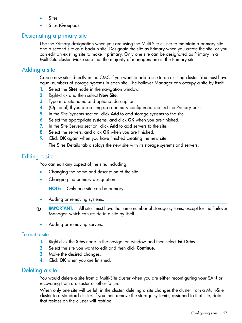 Designating a primary site, Adding a site, Editing a site | To edit a site, Deleting a site | HP StoreVirtual 4000 Storage User Manual | Page 27 / 40