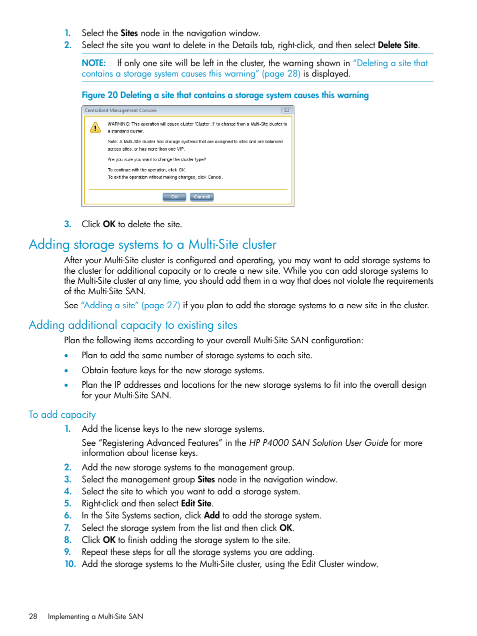 Adding storage systems to a multi-site cluster, Adding additional capacity to existing sites, To add capacity | HP StoreVirtual 4000 Storage User Manual | Page 28 / 40