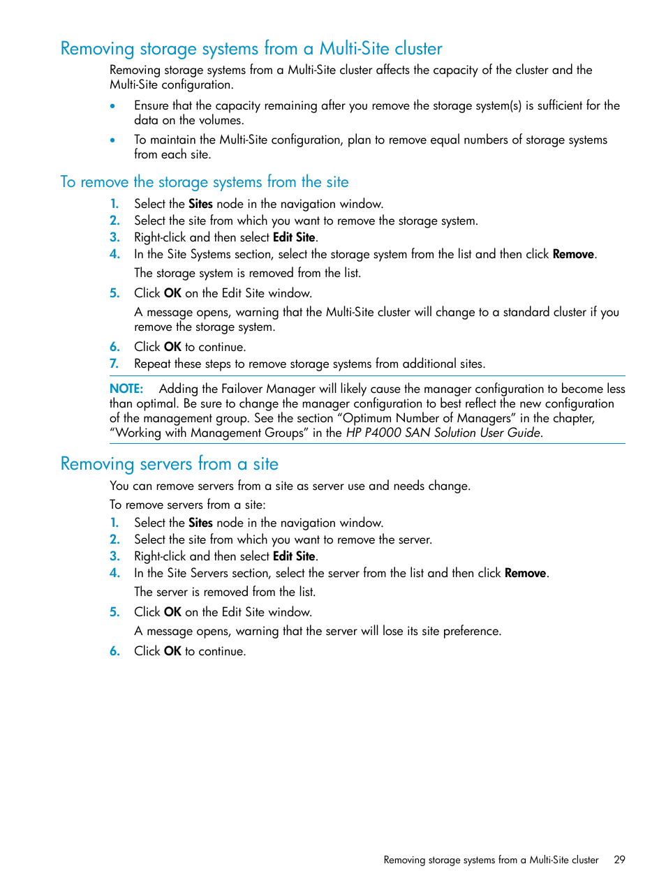 Removing storage systems from a multi-site cluster, To remove the storage systems from the site, Removing servers from a site | HP StoreVirtual 4000 Storage User Manual | Page 29 / 40