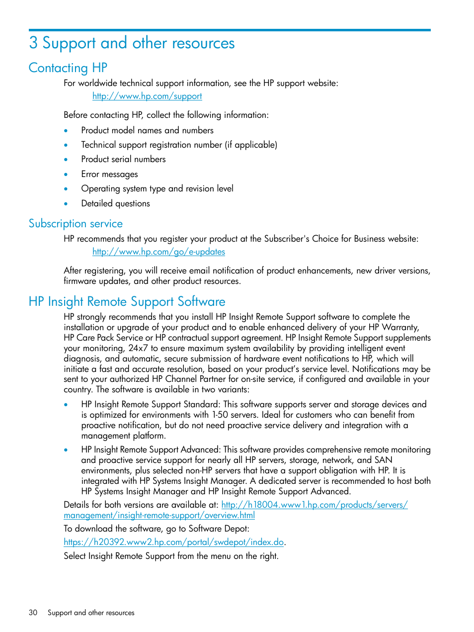 3 support and other resources, Contacting hp, Subscription service | Hp insight remote support software | HP StoreVirtual 4000 Storage User Manual | Page 30 / 40