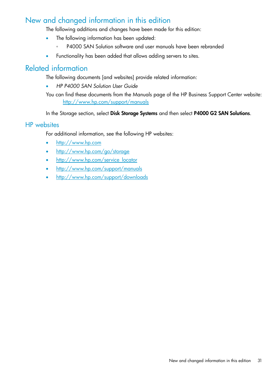 New and changed information in this edition, Related information, Hp websites | HP StoreVirtual 4000 Storage User Manual | Page 31 / 40