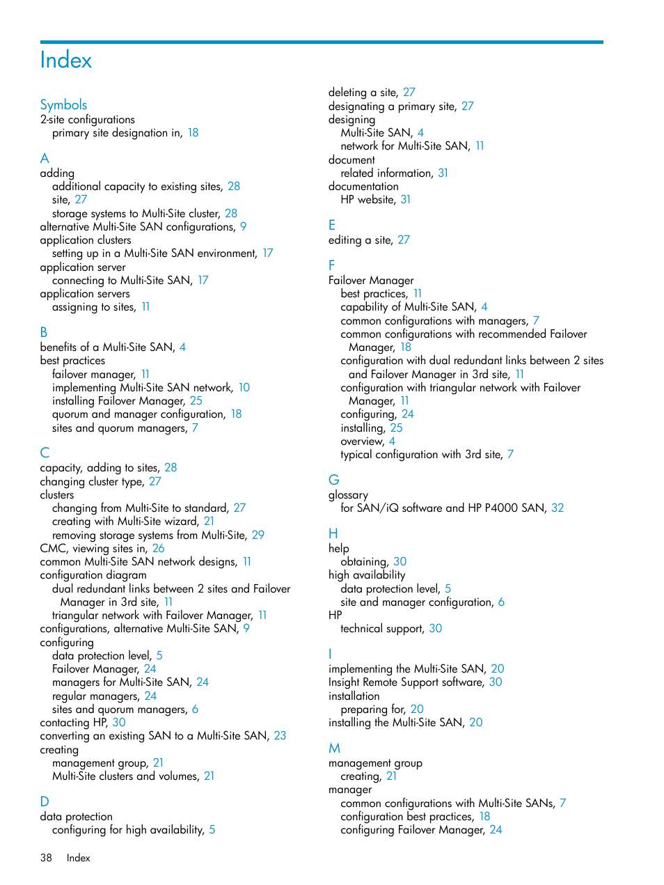 Index | HP StoreVirtual 4000 Storage User Manual | Page 38 / 40