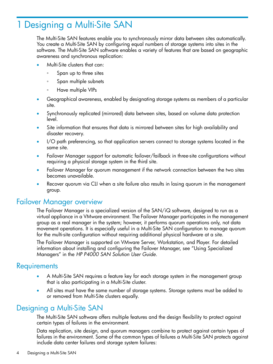 1 designing a multi-site san, Failover manager overview, Requirements | Designing a multi-site san | HP StoreVirtual 4000 Storage User Manual | Page 4 / 40