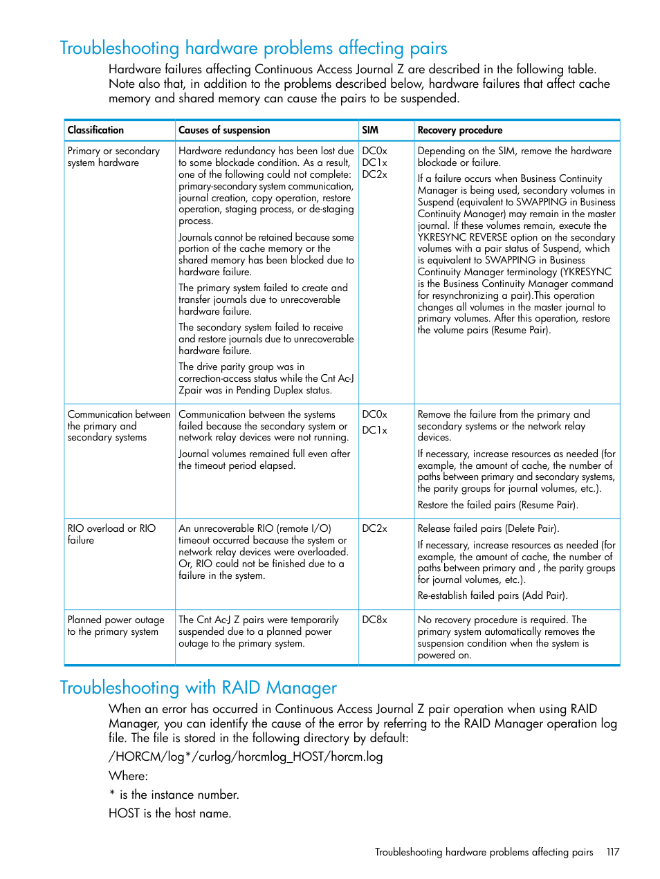 Troubleshooting hardware problems affecting pairs, Troubleshooting with raid manager | HP XP P9500 Storage User Manual | Page 117 / 201