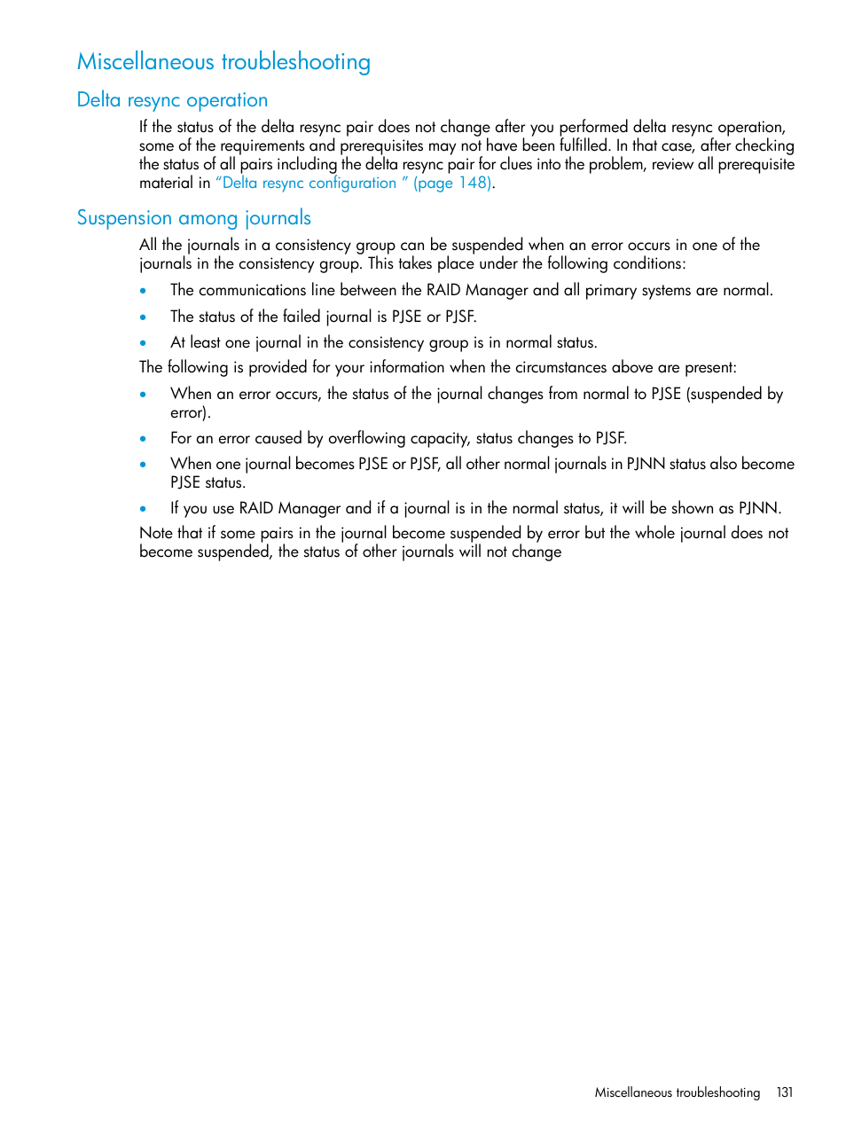 Miscellaneous troubleshooting, Delta resync operation, Suspension among journals | Delta resync operation suspension among journals | HP XP P9500 Storage User Manual | Page 131 / 201