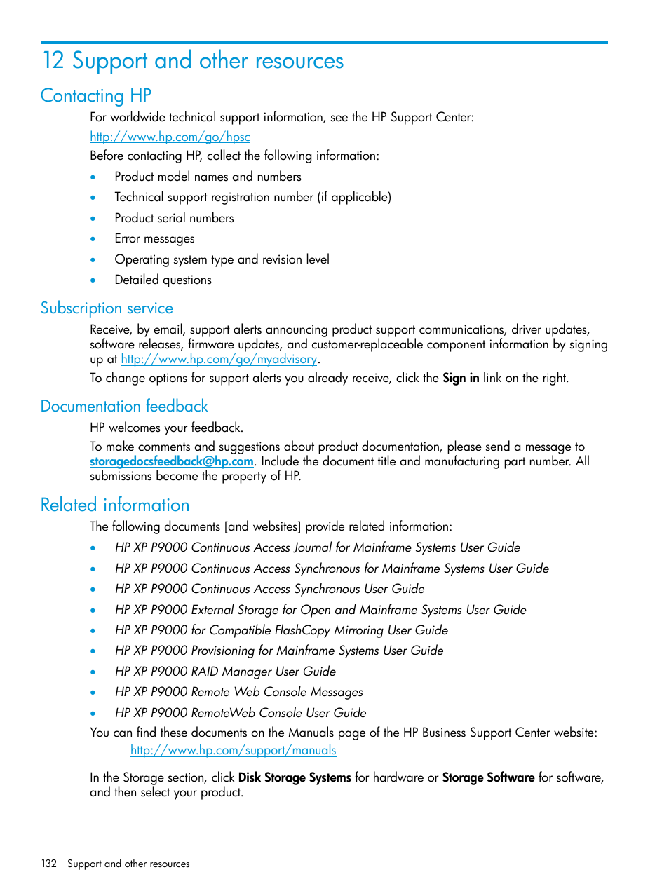 12 support and other resources, Contacting hp, Subscription service | Documentation feedback, Related information, Subscription service documentation feedback | HP XP P9500 Storage User Manual | Page 132 / 201