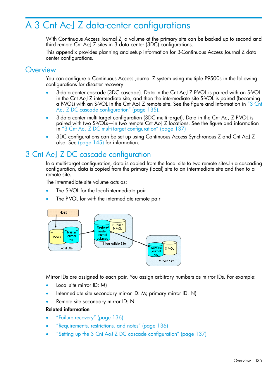 A 3 cnt ac-j z data-center configurations, Overview, 3 cnt ac-j z dc cascade configuration | Overview 3 cnt ac-j z dc cascade configuration | HP XP P9500 Storage User Manual | Page 135 / 201