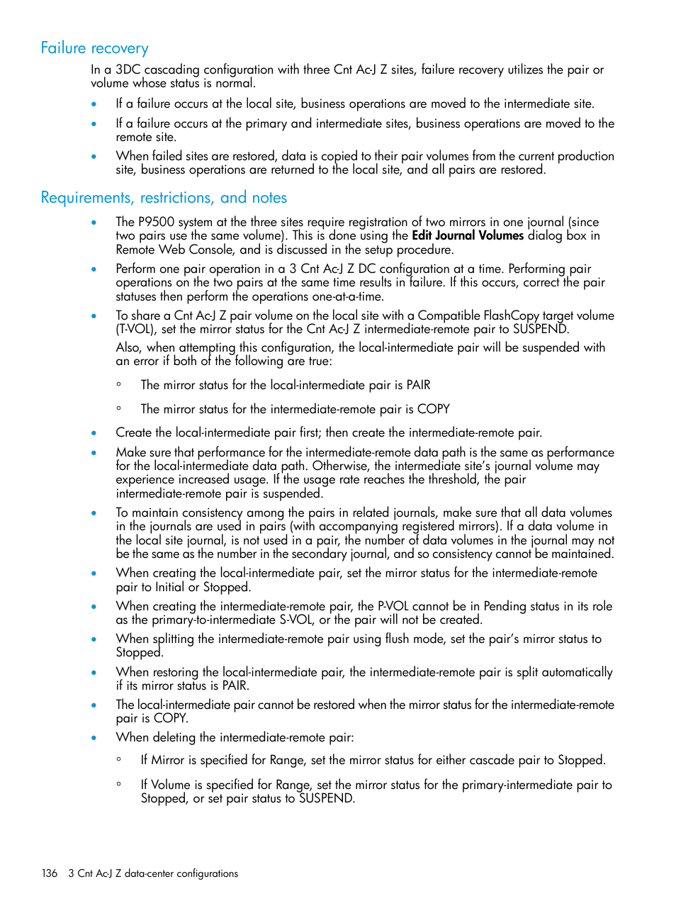 Failure recovery, Requirements, restrictions, and notes | HP XP P9500 Storage User Manual | Page 136 / 201