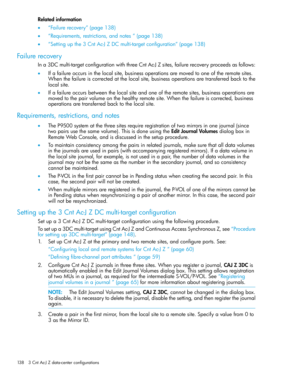 Failure recovery, Requirements, restrictions, and notes | HP XP P9500 Storage User Manual | Page 138 / 201