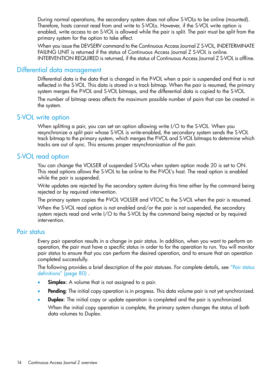 Differential data management, S-vol write option, S-vol read option | Pair status | HP XP P9500 Storage User Manual | Page 14 / 201