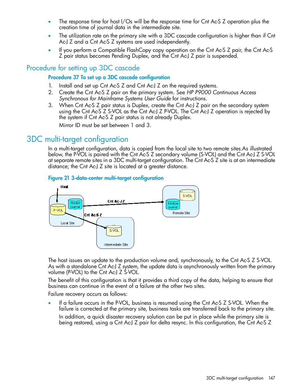 Procedure for setting up 3dc cascade, 3dc multi-target configuration, Procedure for setting up | HP XP P9500 Storage User Manual | Page 147 / 201