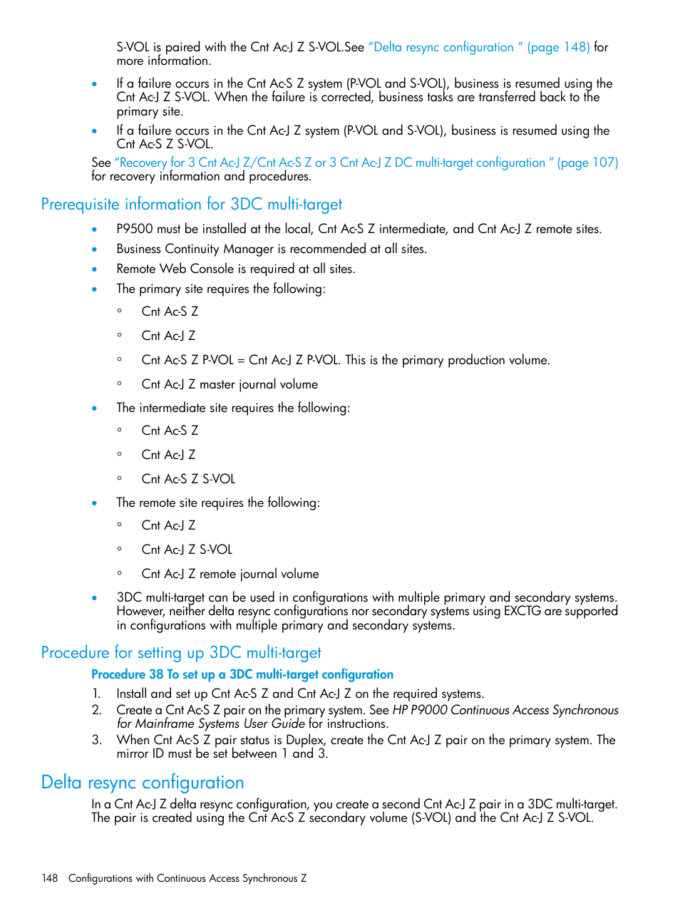 Prerequisite information for 3dc multi-target, Procedure for setting up 3dc multi-target, Delta resync configuration | Procedure | HP XP P9500 Storage User Manual | Page 148 / 201
