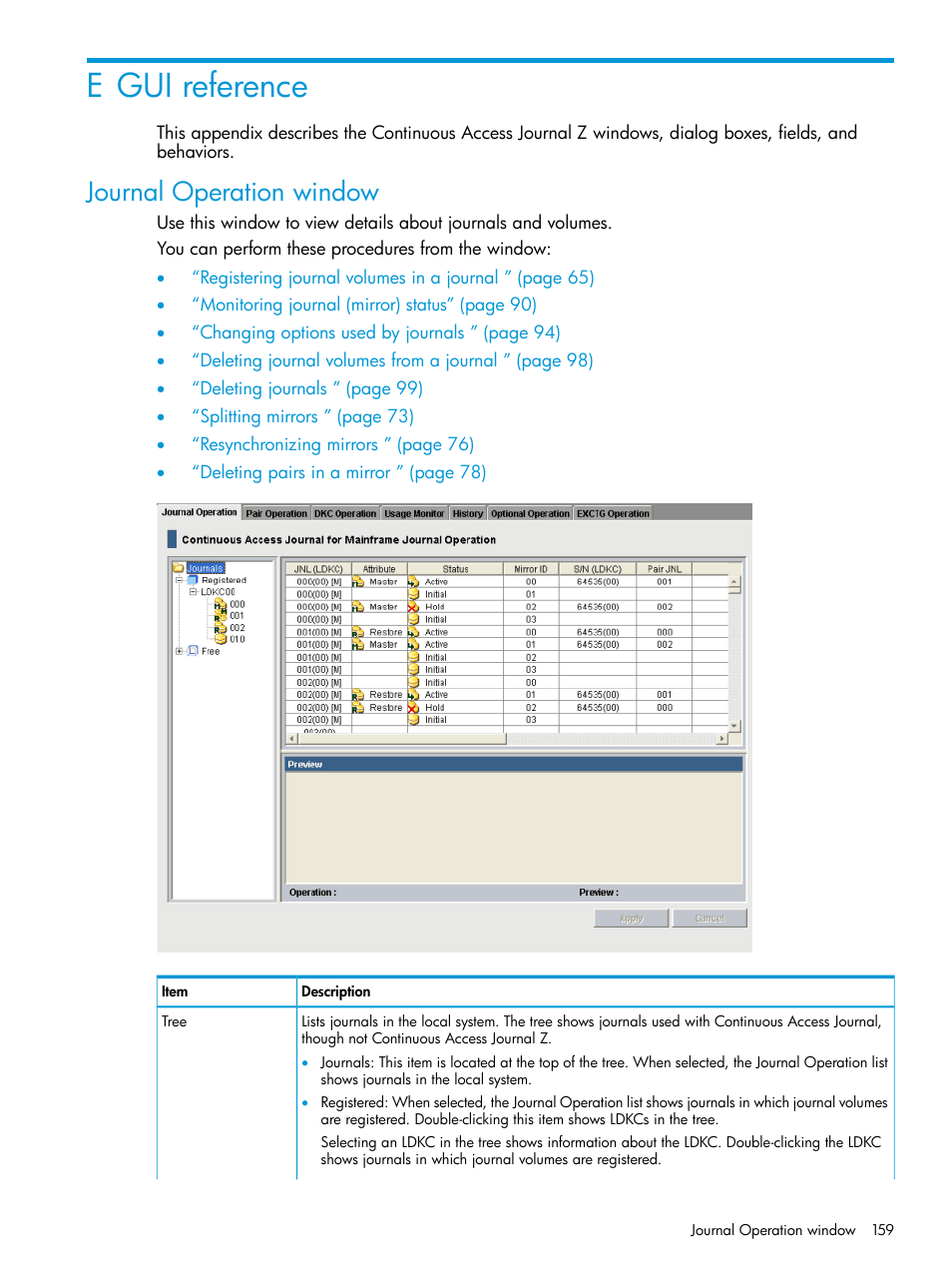 E gui reference, Journal operation window | HP XP P9500 Storage User Manual | Page 159 / 201