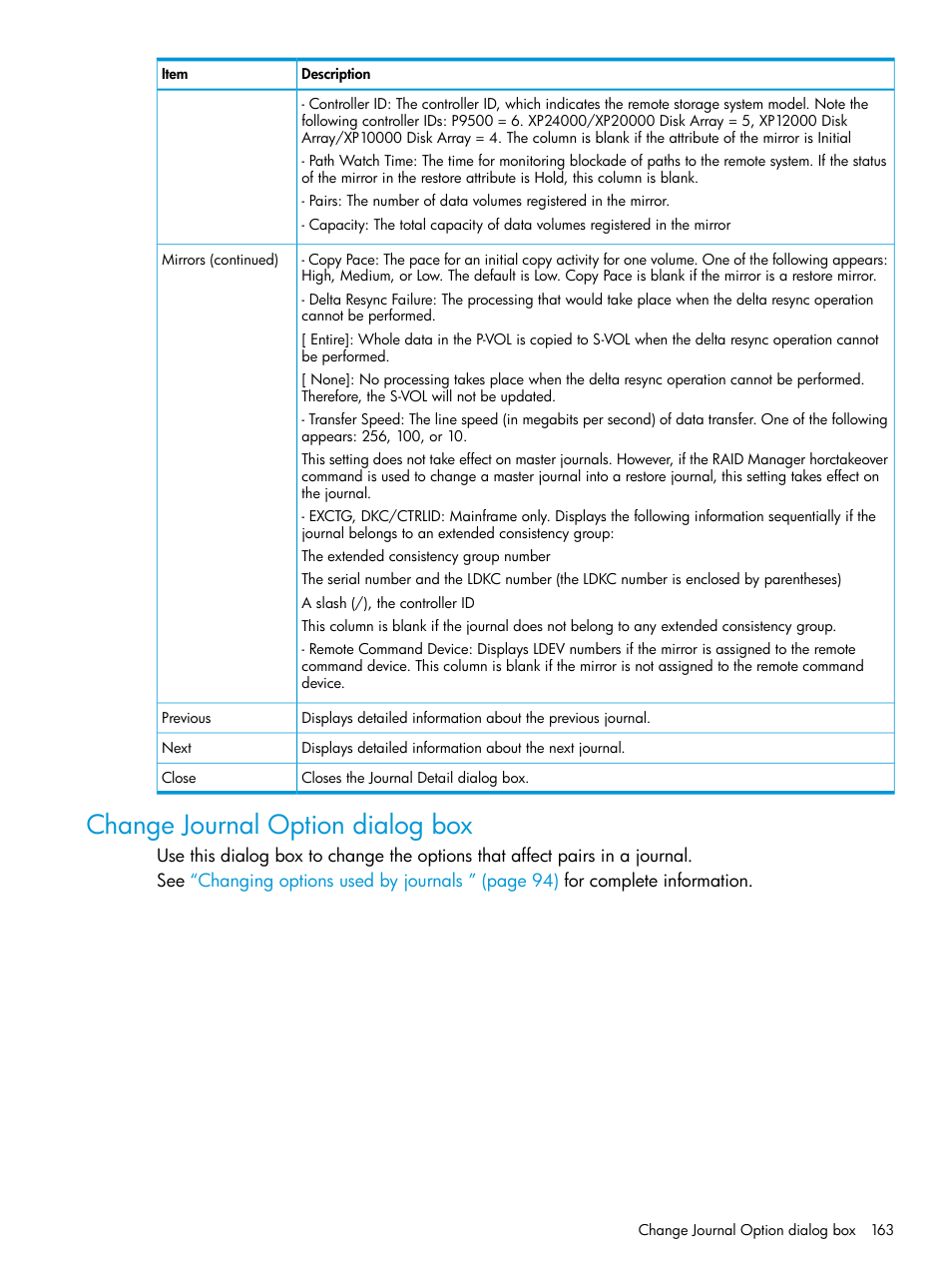 Change journal option dialog box | HP XP P9500 Storage User Manual | Page 163 / 201