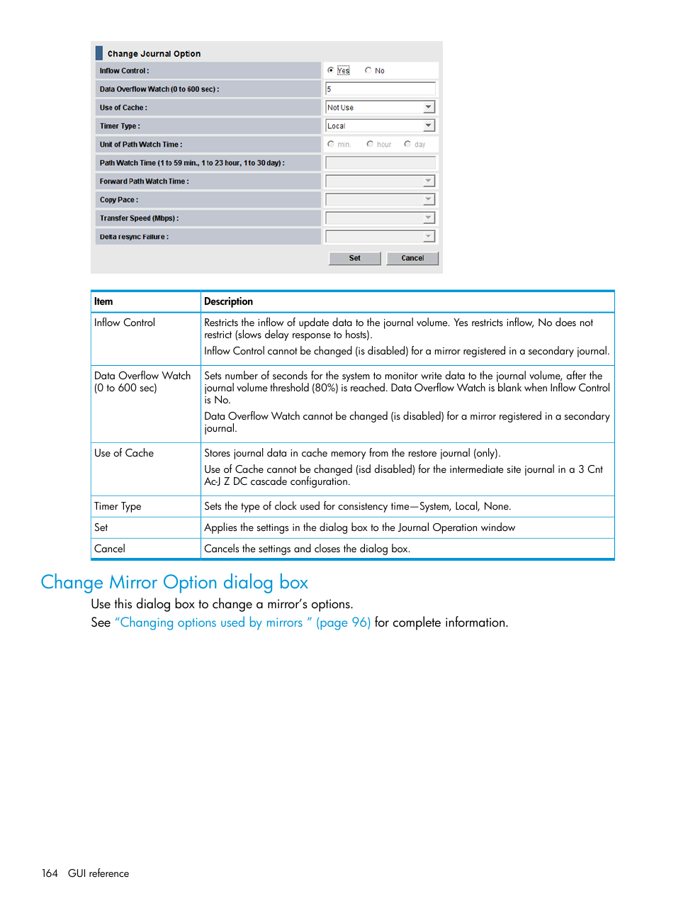 Change mirror option dialog box | HP XP P9500 Storage User Manual | Page 164 / 201