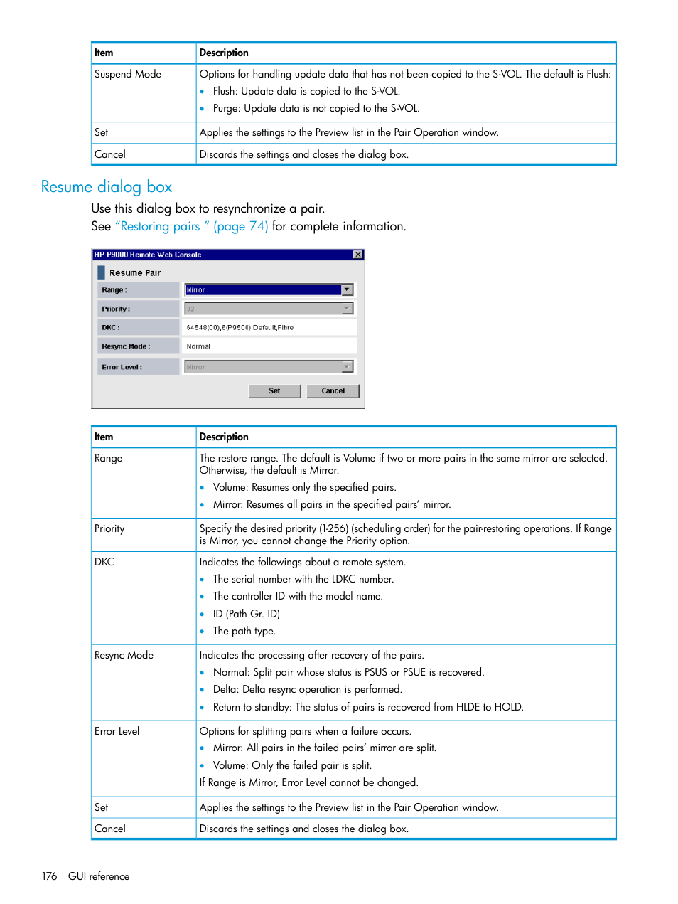 Resume dialog box | HP XP P9500 Storage User Manual | Page 176 / 201