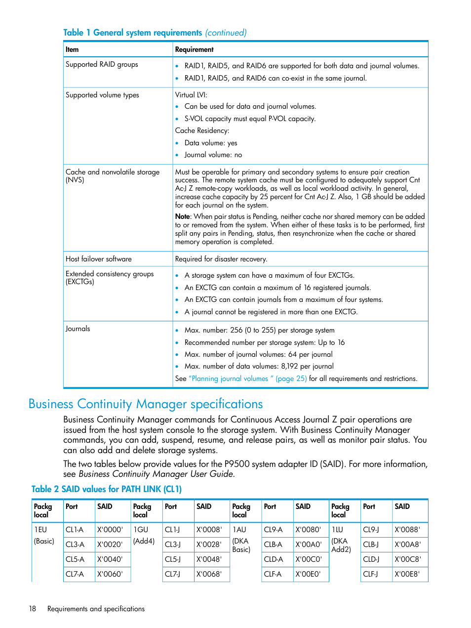 Business continuity manager specifications | HP XP P9500 Storage User Manual | Page 18 / 201