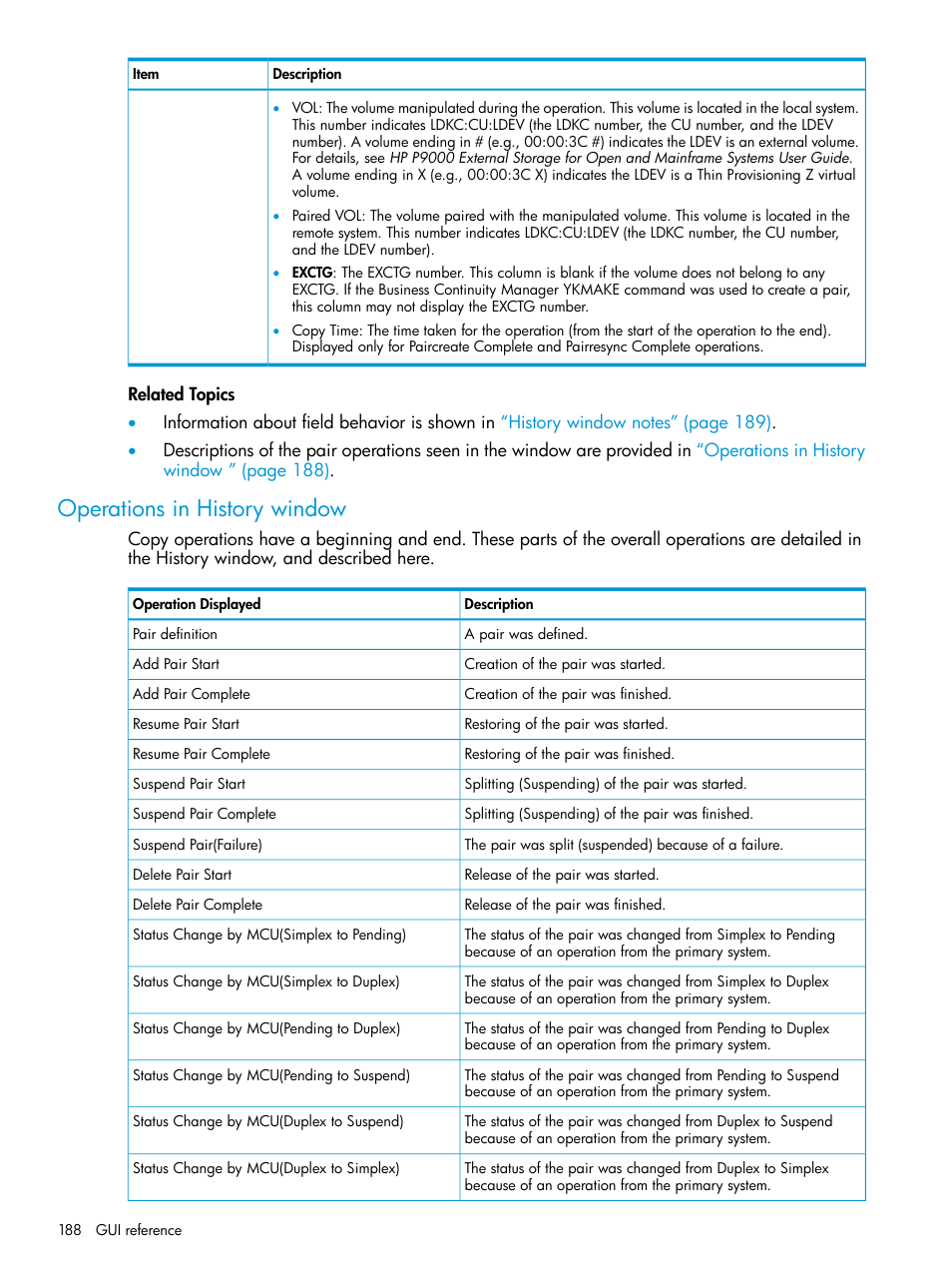 Operations in history window | HP XP P9500 Storage User Manual | Page 188 / 201