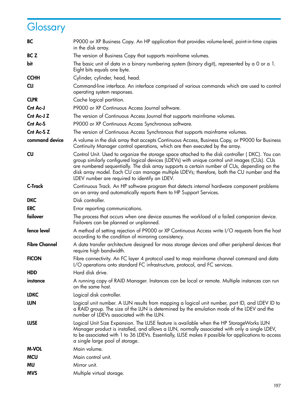 Glossary | HP XP P9500 Storage User Manual | Page 197 / 201