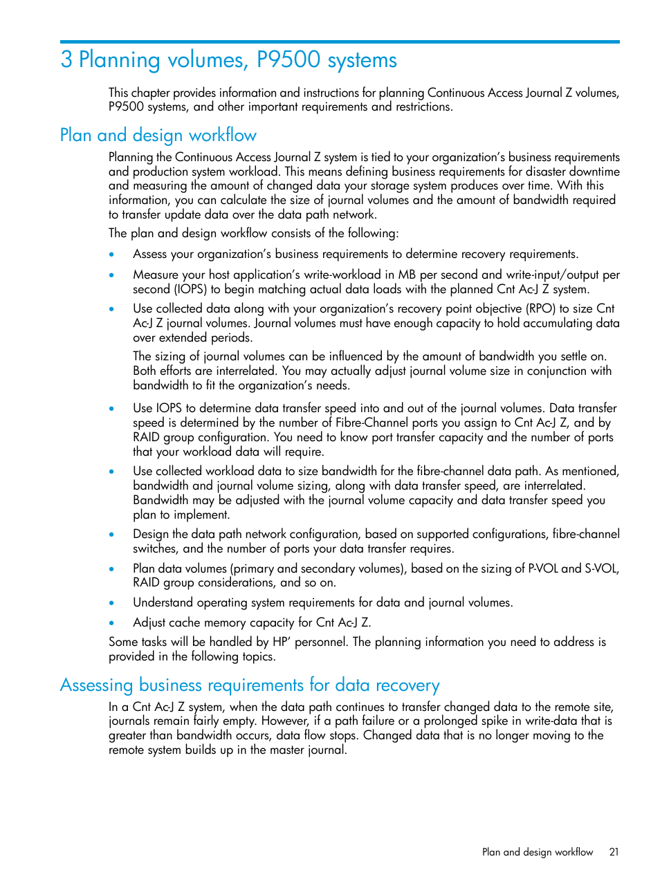 3 planning volumes, p9500 systems, Plan and design workflow, Assessing business requirements for data recovery | HP XP P9500 Storage User Manual | Page 21 / 201