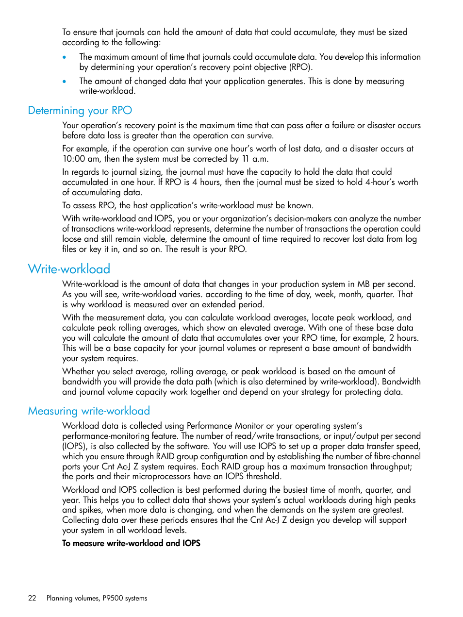 Determining your rpo, Write-workload, Measuring write-workload | HP XP P9500 Storage User Manual | Page 22 / 201