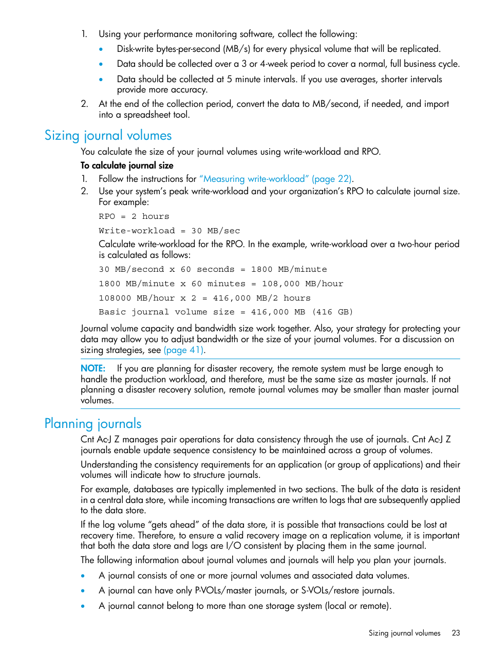 Sizing journal volumes, Planning journals, Sizing journal volumes planning journals | HP XP P9500 Storage User Manual | Page 23 / 201