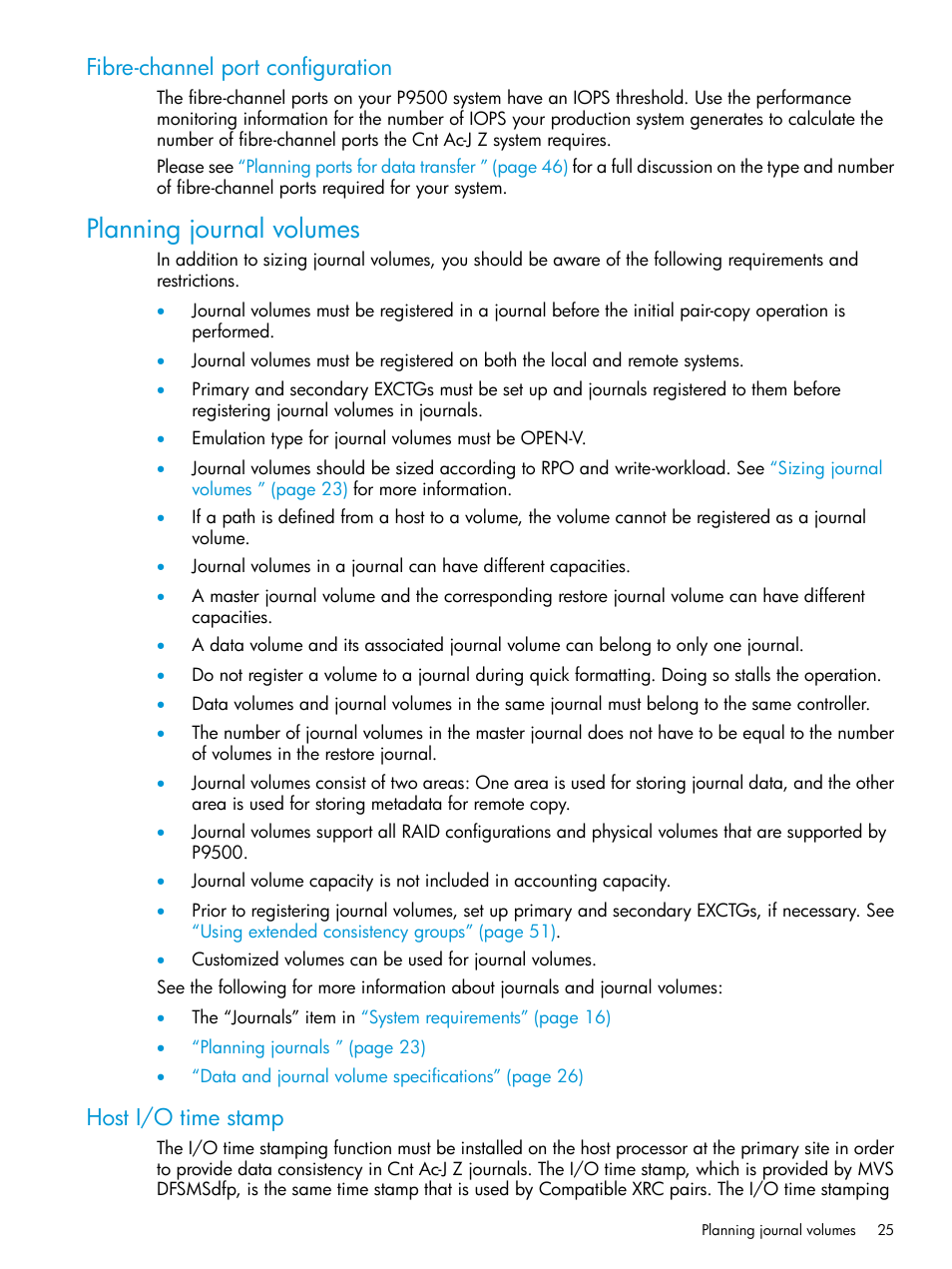 Fibre-channel port configuration, Planning journal volumes, Host i/o time stamp | HP XP P9500 Storage User Manual | Page 25 / 201