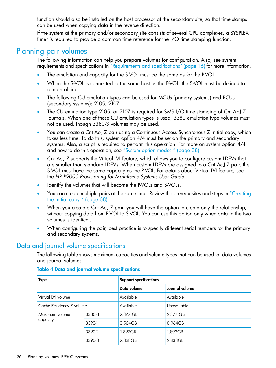 Planning pair volumes, Data and journal volume specifications | HP XP P9500 Storage User Manual | Page 26 / 201