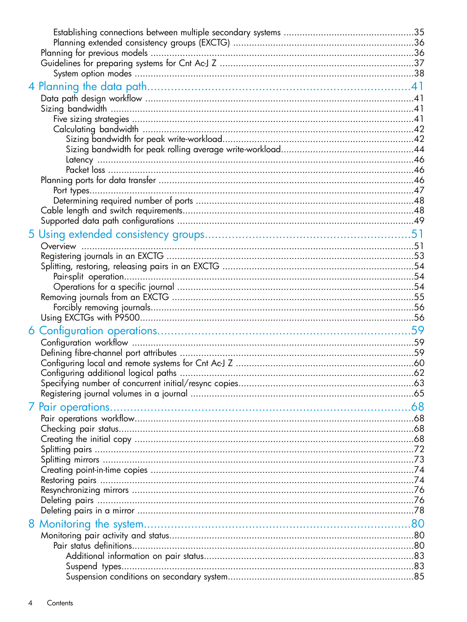 4 planning the data path, 5 using extended consistency groups, 6 configuration operations | 7 pair operations, 8 monitoring the system | HP XP P9500 Storage User Manual | Page 4 / 201