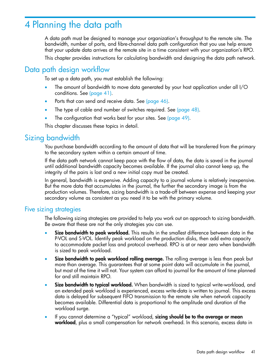 4 planning the data path, Data path design workflow, Sizing bandwidth | Five sizing strategies, Data path design workflow sizing bandwidth | HP XP P9500 Storage User Manual | Page 41 / 201