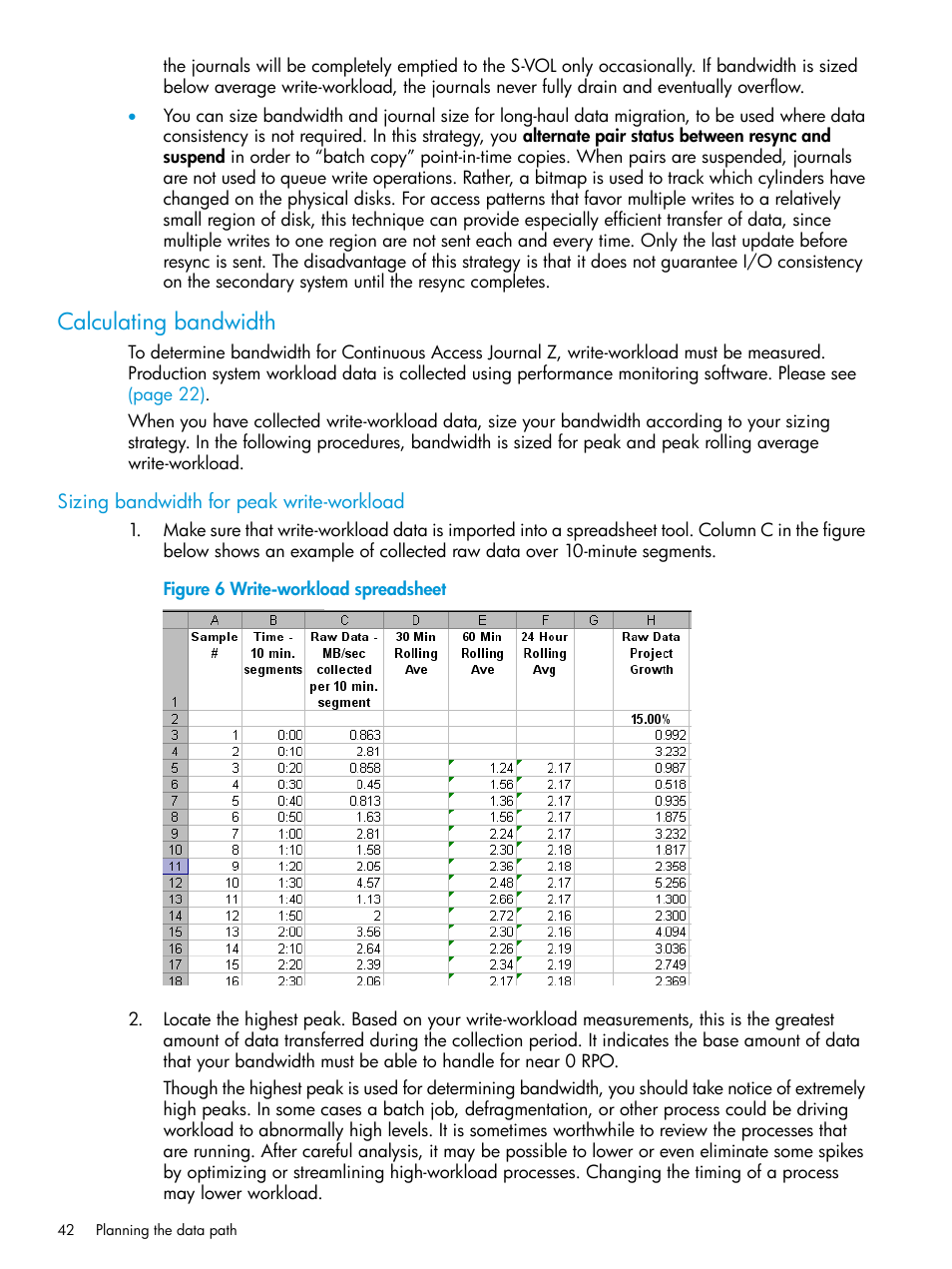 Calculating bandwidth, Sizing bandwidth for peak write-workload | HP XP P9500 Storage User Manual | Page 42 / 201