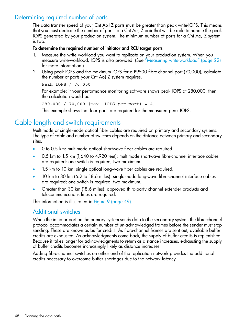 Determining required number of ports, Cable length and switch requirements, Additional switches | HP XP P9500 Storage User Manual | Page 48 / 201