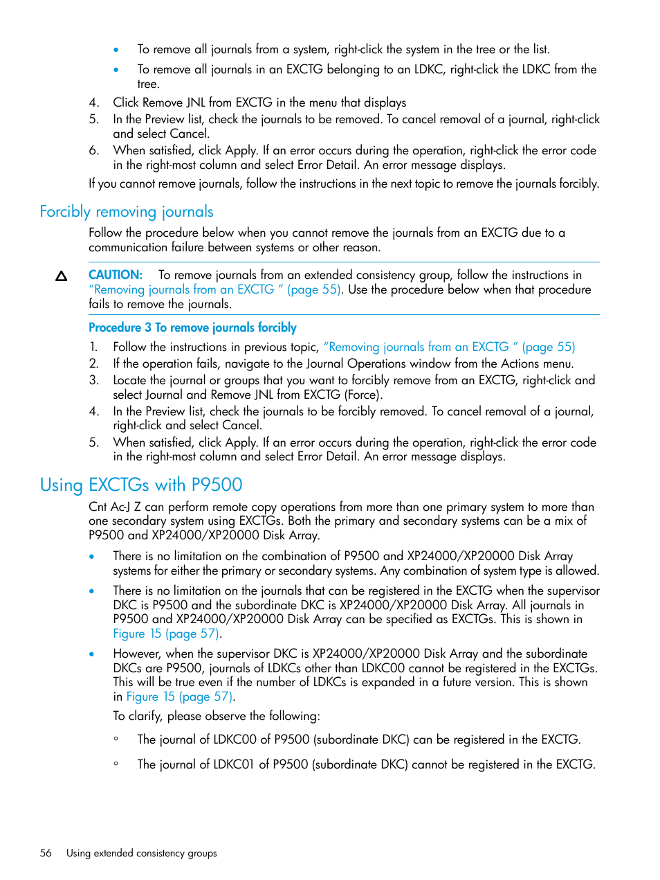 Forcibly removing journals, Using exctgs with p9500 | HP XP P9500 Storage User Manual | Page 56 / 201