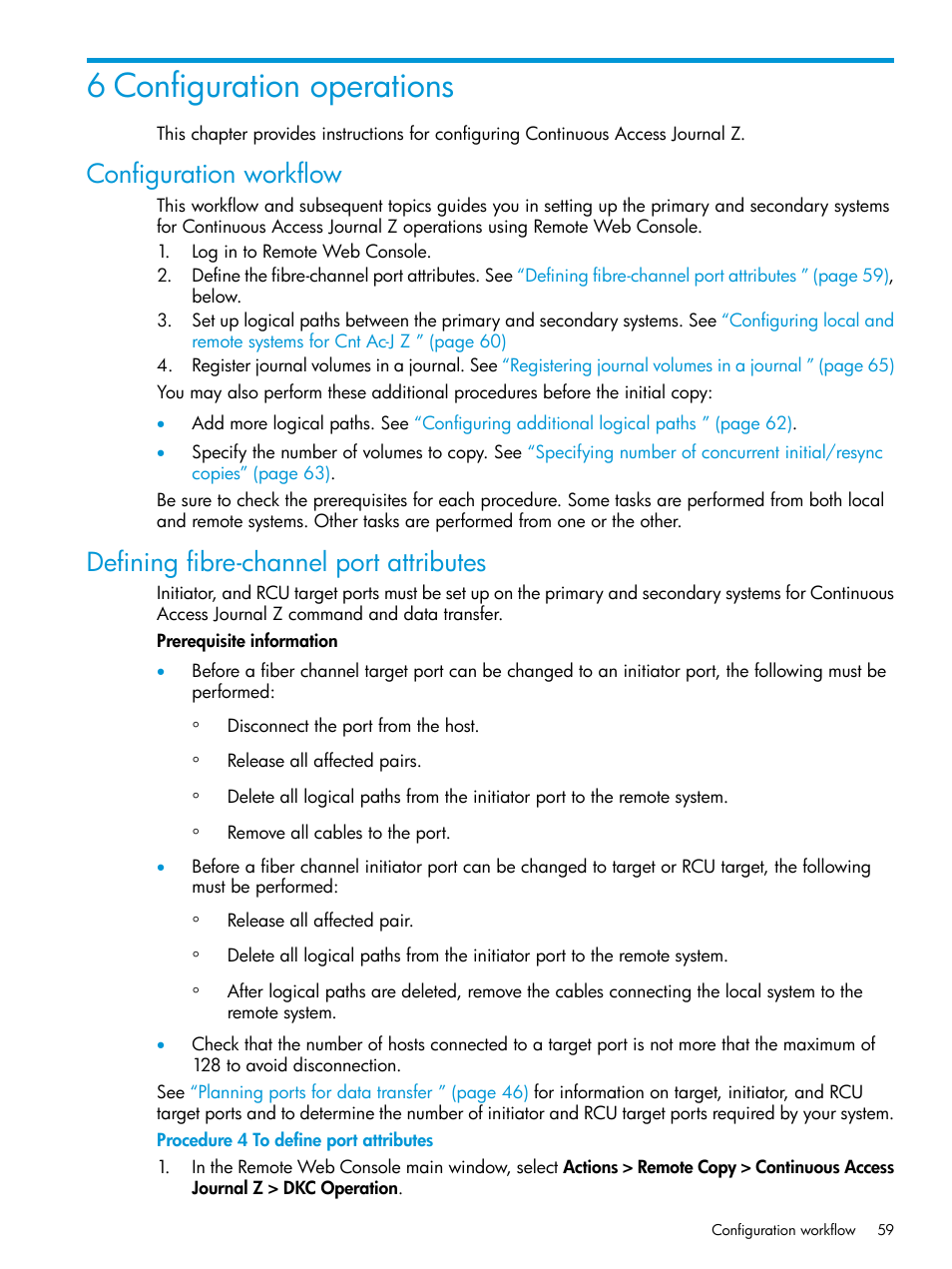 6 configuration operations, Configuration workflow, Defining fibre-channel port attributes | HP XP P9500 Storage User Manual | Page 59 / 201
