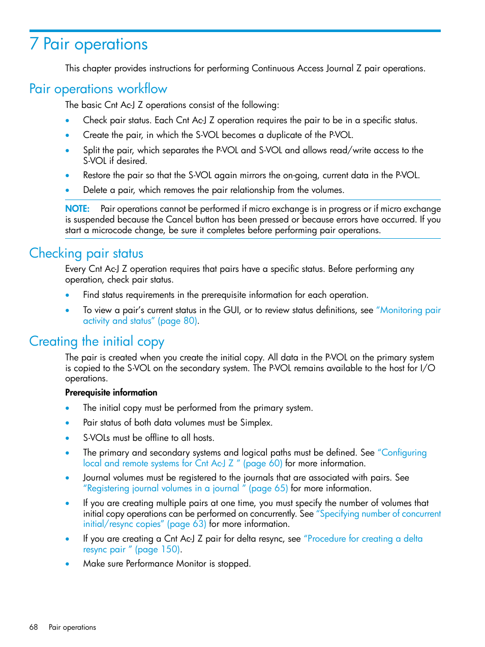 7 pair operations, Pair operations workflow, Checking pair status | Creating the initial copy, Creating | HP XP P9500 Storage User Manual | Page 68 / 201