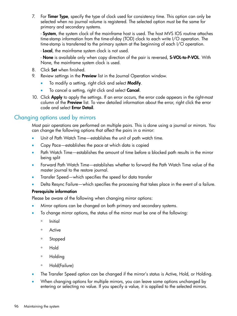 Changing options used by mirrors | HP XP P9500 Storage User Manual | Page 96 / 201