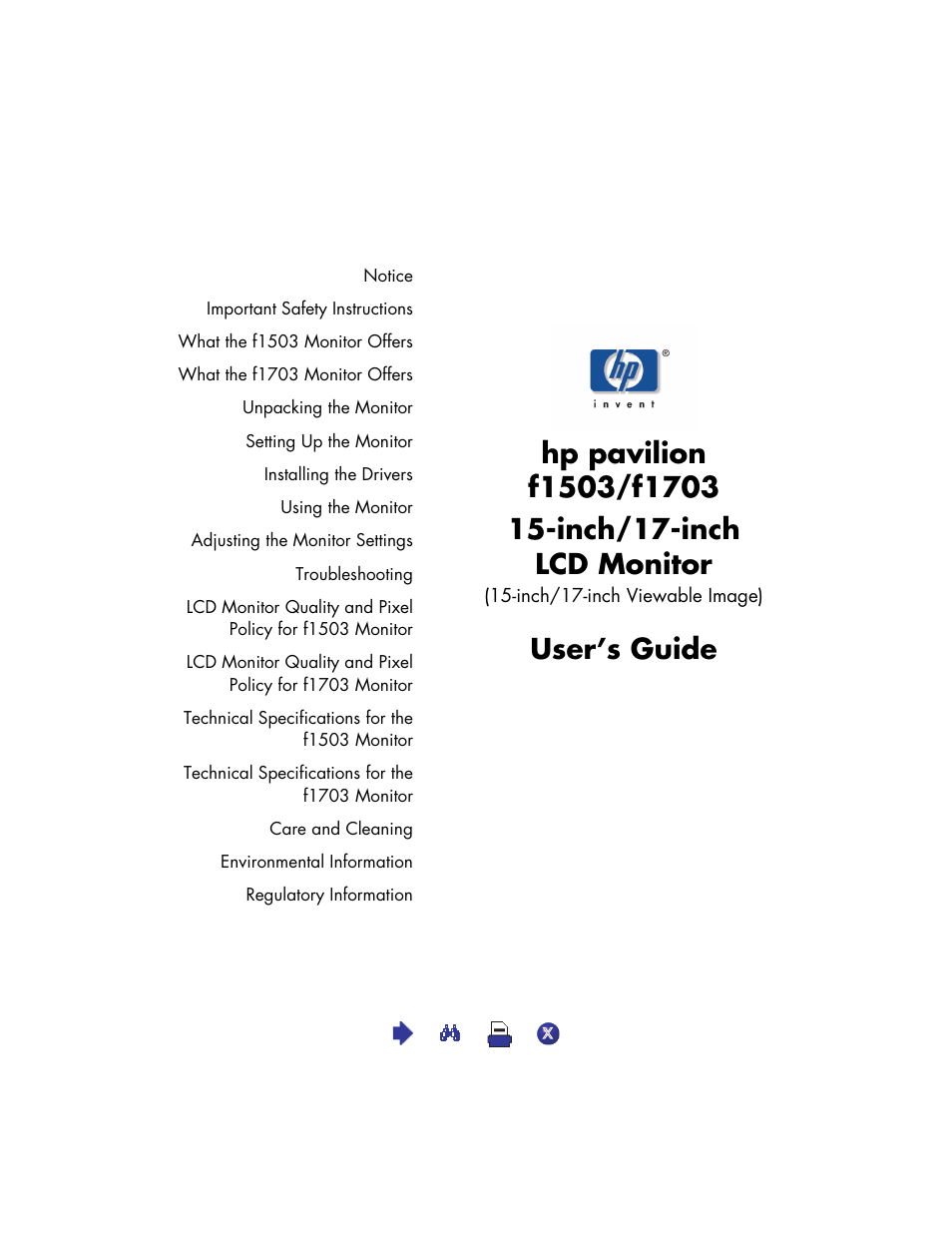 HP Pavilion f1503 15 inch Flat Panel Monitor User Manual | 56 pages