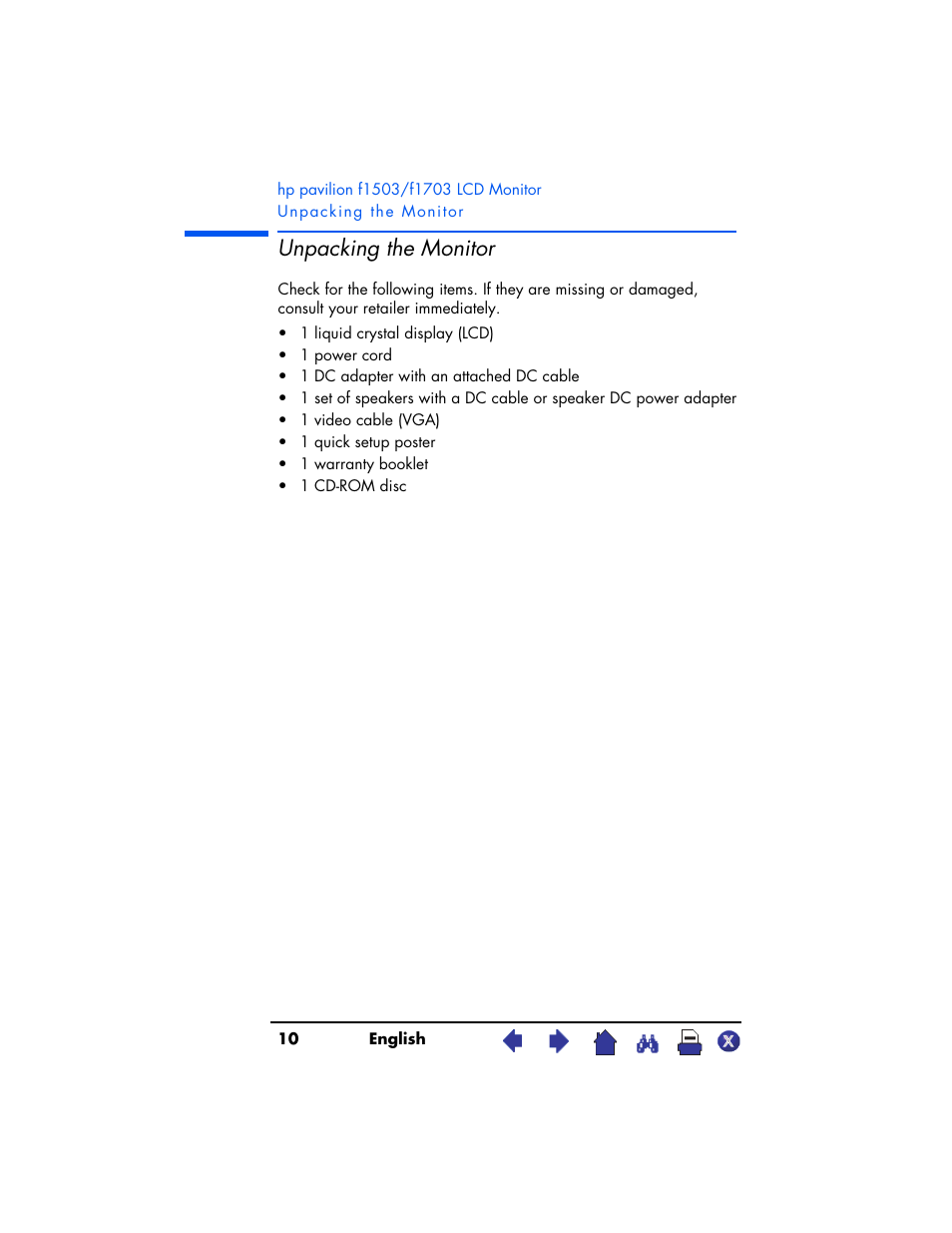 Unpacking the monitor | HP Pavilion f1503 15 inch Flat Panel Monitor User Manual | Page 10 / 56