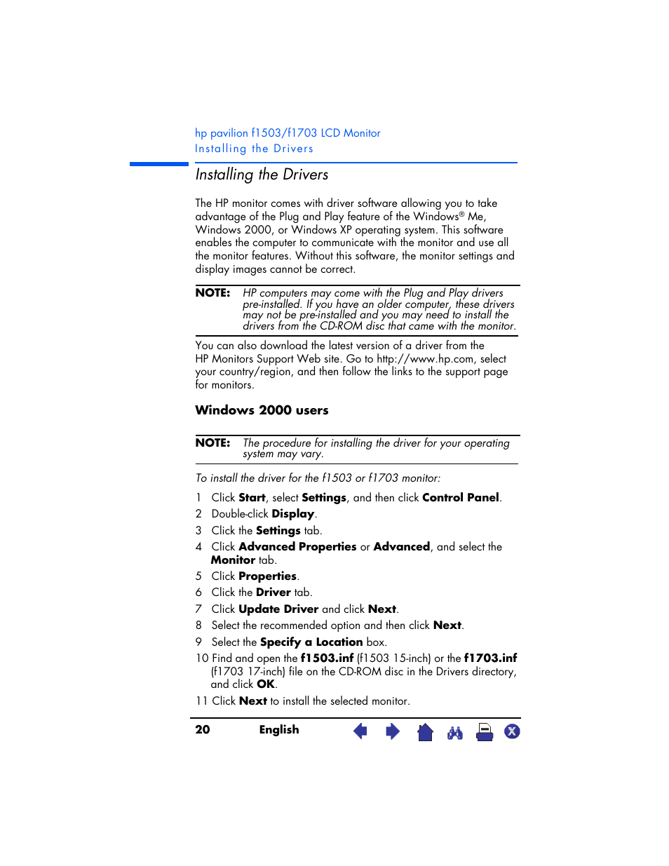 Installing the drivers | HP Pavilion f1503 15 inch Flat Panel Monitor User Manual | Page 20 / 56